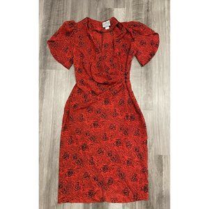 Vintage Bill Berman Red Floral Dress V-Neck Midi Faux Wrap Jodi Schwartz S